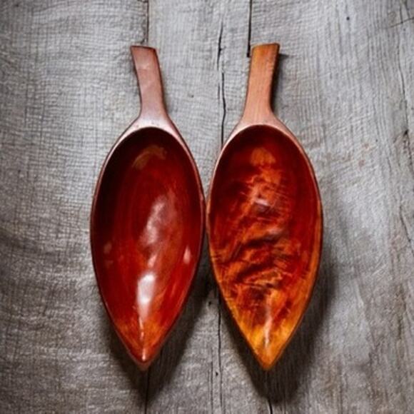 Vintage Wood Leaf Bowls Mahogany-Mid Century Modern MCM-Set of 2-Hand Carved - Picture 1 of 6